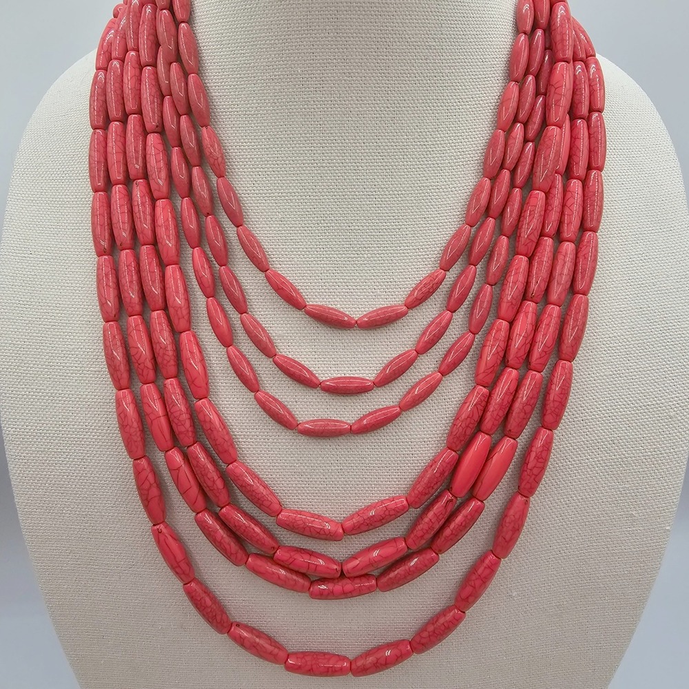 Pink Marbled Multi Strand Bib Statement Necklace 21 Inch Adjustable Layered